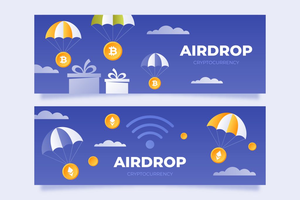 An image of Cryptocurrencies tagged to a hot a balloon with the word, 'airdrop cryptocurrency' beside it