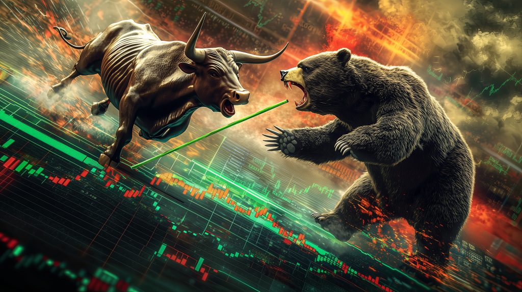 An image of a bull and bear fighting, with a market chart at the background