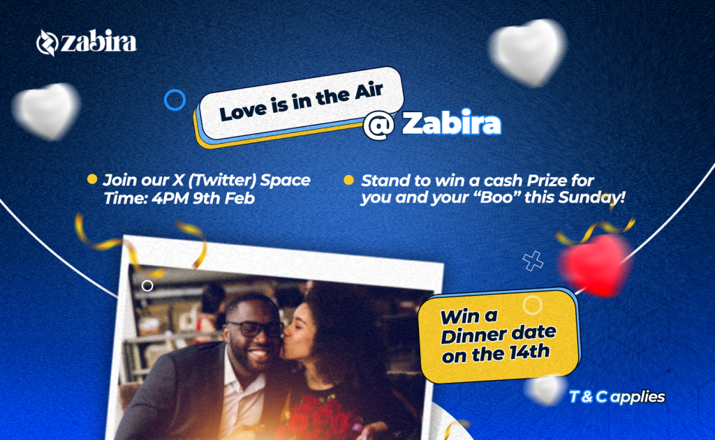 Zabira's valentine twitter space banner featuring vibrant love-themed graphics, the event date February 9th at 4pm and the chance to win cash prizes by participating.