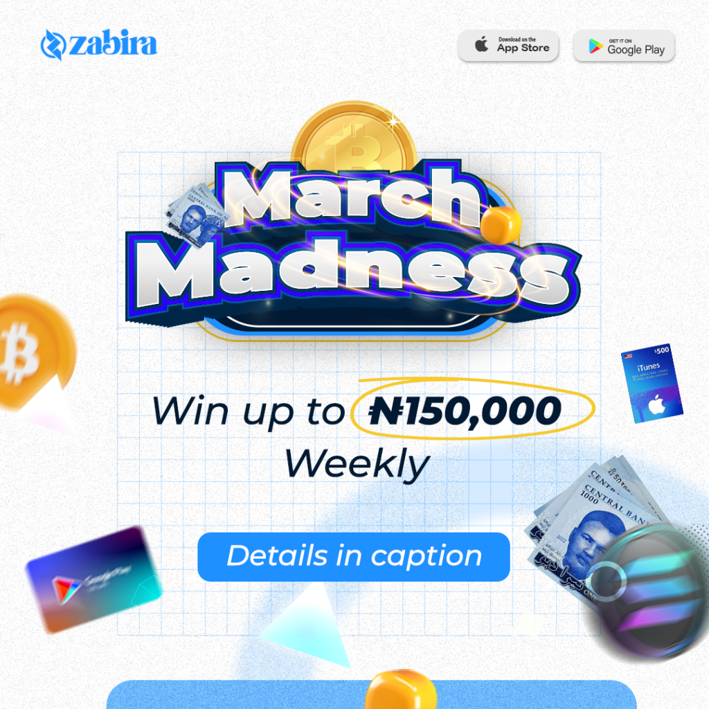 abira March Madness promo banner showcasing a chance to win up to ₦150,000 weekly by trading crypto and gift cards. Includes Bitcoin icons, gift cards, and Naira notes with a bold headline.