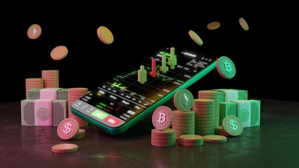A 3D-rendered smartphone showing a crypto trading chart surrounded by Bitcoin, Ethereum, and dollar coins, symbolizing digital trading and cryptocurrency markets.