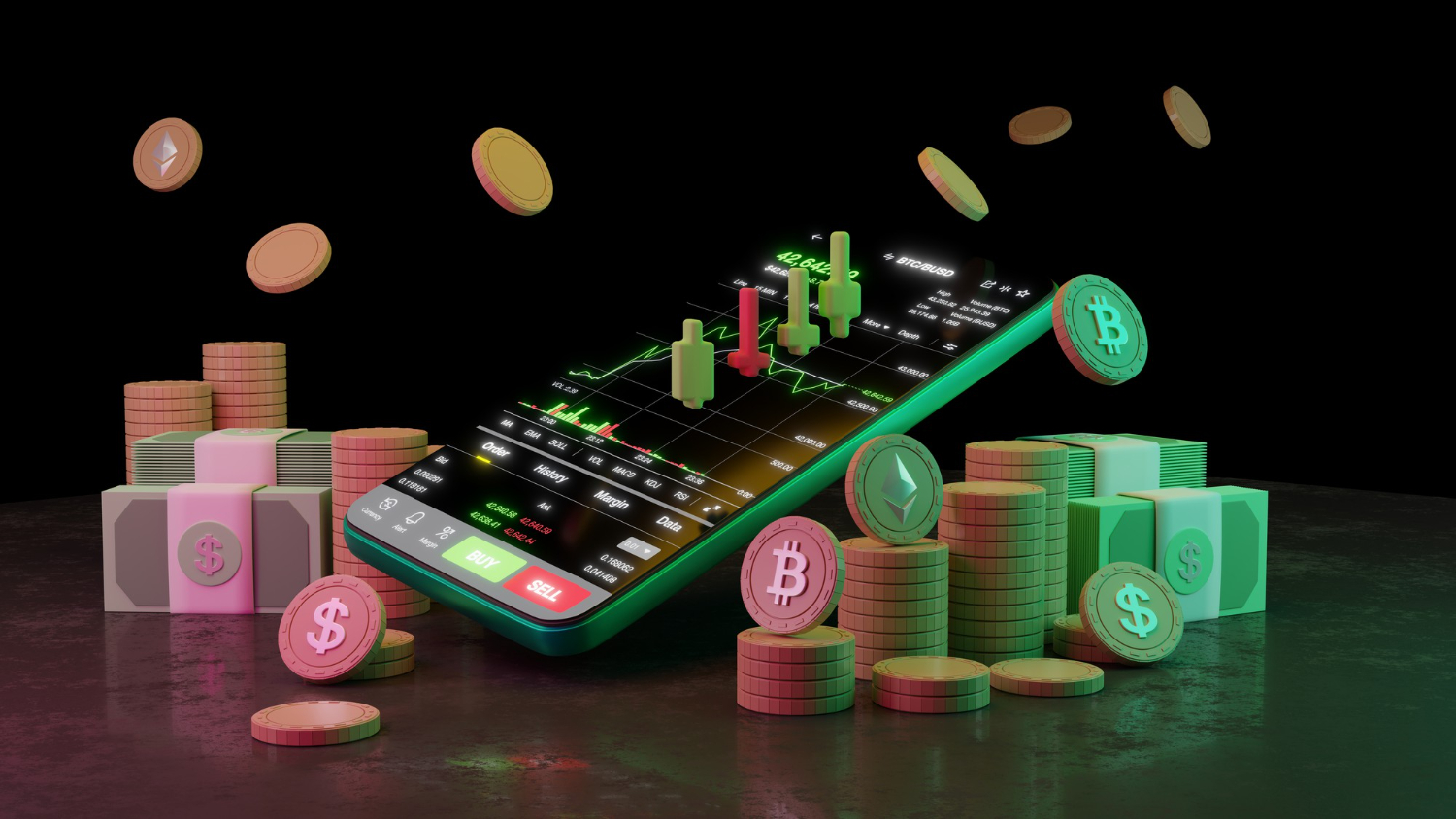 A 3D-rendered smartphone showing a crypto trading chart surrounded by Bitcoin, Ethereum, and dollar coins, symbolizing digital trading and cryptocurrency markets.