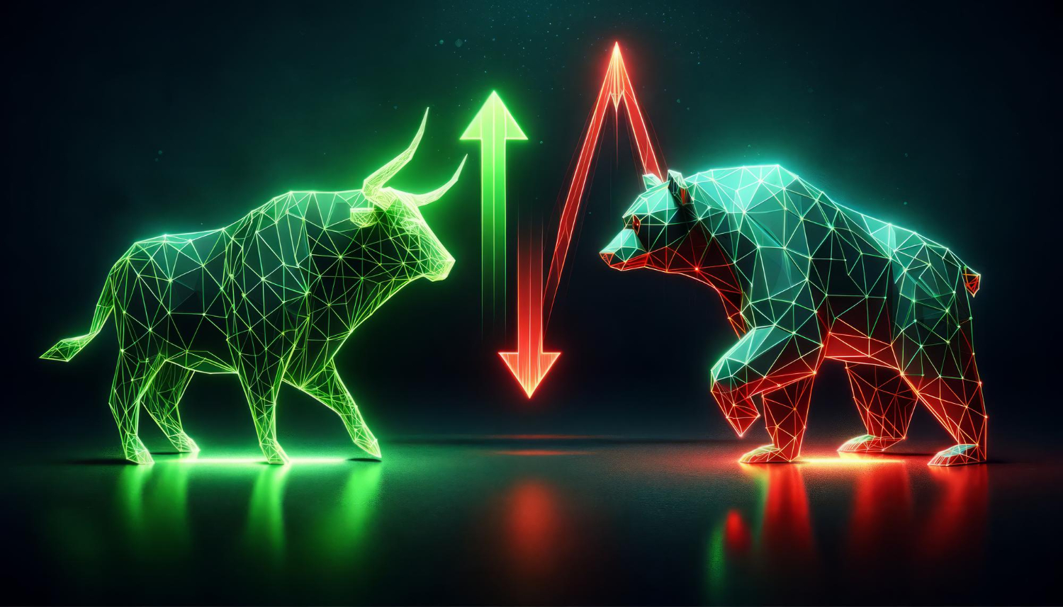 Digital illustration of a green bull and a red bear made of glowing geometric lines, symbolizing bullish and bearish trends in crypto trading, with upward and downward arrows between them.