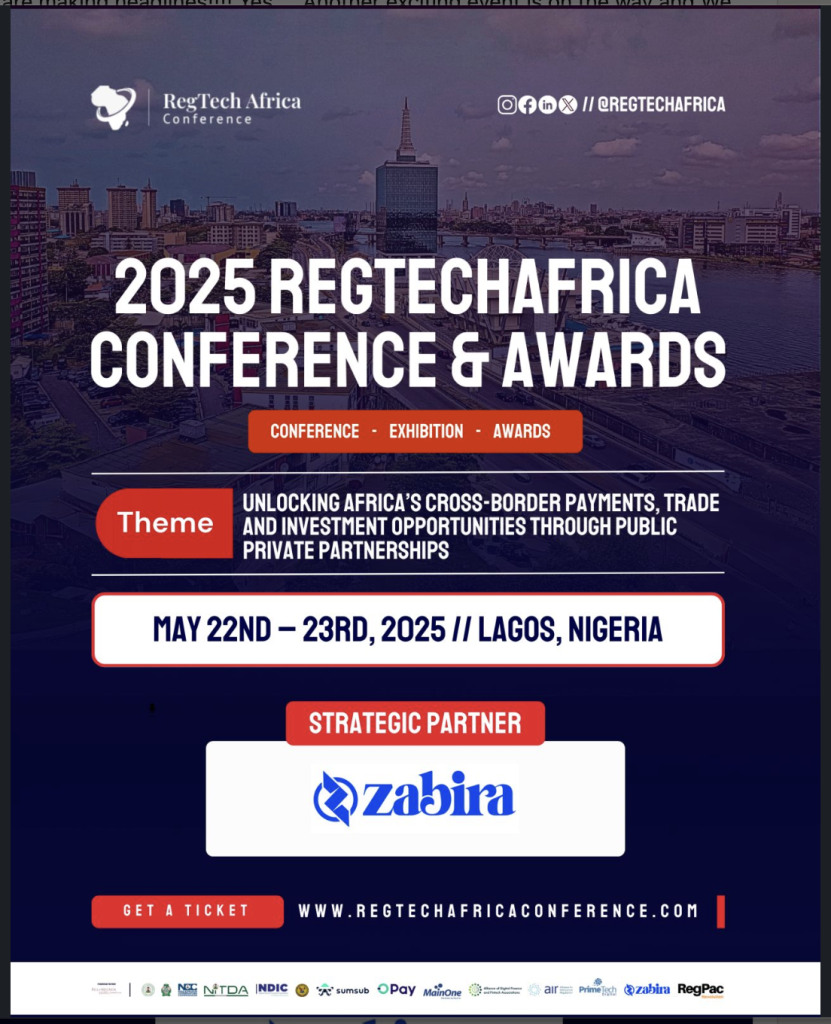 Banner for the 2025 RegTech Africa Conference & Awards in Lagos, Nigeria, featuring Zabira as a strategic partner. Theme focuses on unlocking Africa’s cross-border payments, trade, and investment through public-private partnerships.