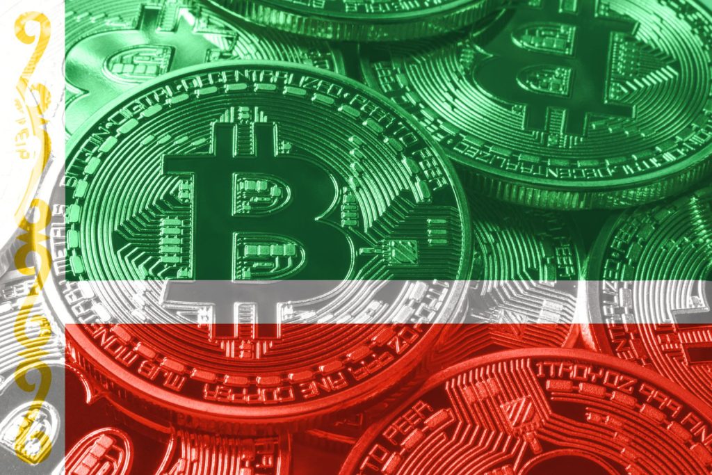 Stack of Bitcoin coins overlaid with the Iranian flag, symbolizing the intersection of cryptocurrency and Iran-related geopolitical news.