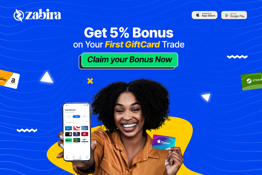 A smiling woman holds a smartphone displaying the Zabira app gift card trading screen and an iTunes gift card, with text promoting a 5% bonus on first gift card trade. The background includes app store badges and floating gift card icons from Amazon, Steam, and others