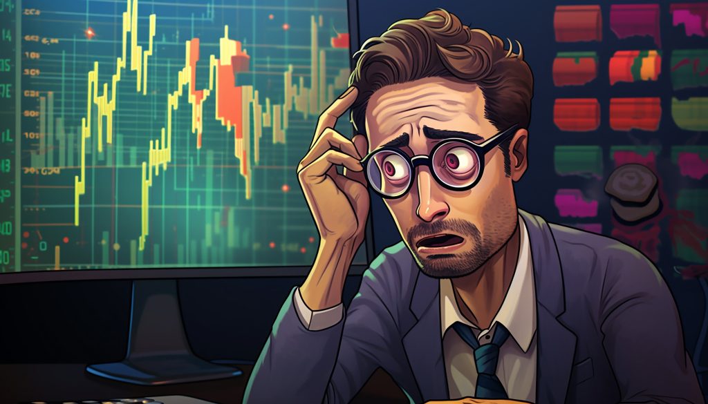 A cartoon-style illustration of a stressed-out man in a suit sitting at a desk, staring in shock at a large monitor displaying erratic cryptocurrency market charts. His bulging eyes and worried expression suggest he's overwhelmed by crypto market volatility.