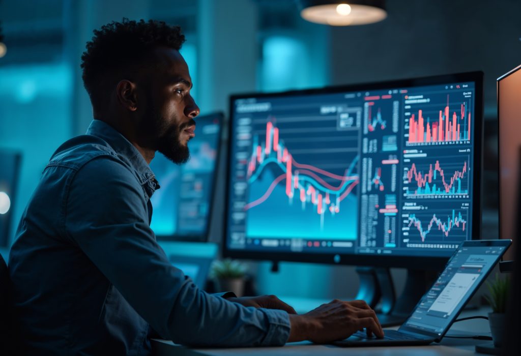 Young African man analyzing cryptocurrency market charts on a computer screen in a modern tech workspace at night.