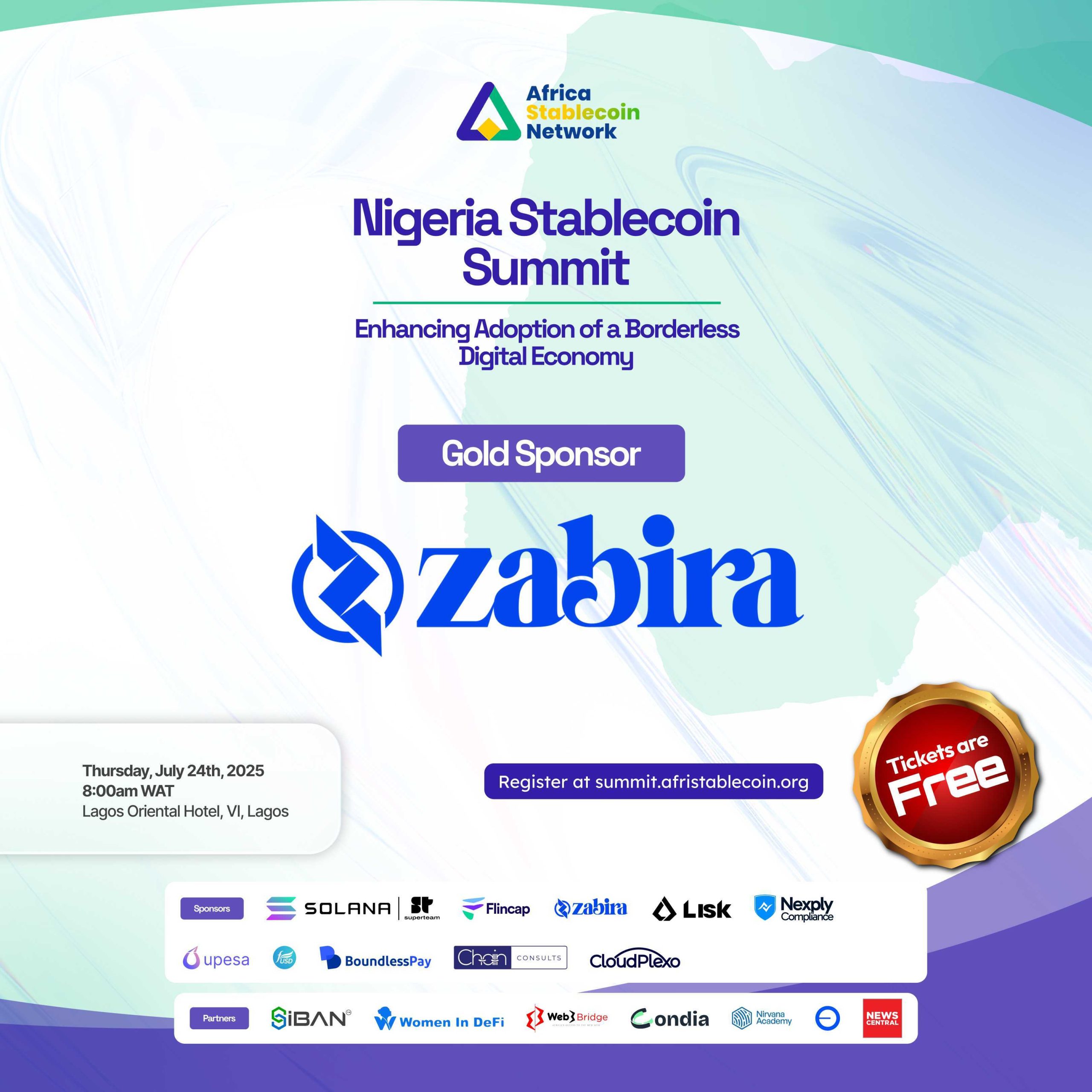 Gold Sponsor badge for Zabira at the Nigeria Stablecoin Summit 2025, highlighting its role in supporting blockchain adoption in Africa.