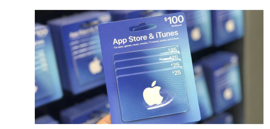 A collection of $100 Apple gift cards with colorful, artistic Apple logos, featuring the text “App store & iTunes”
