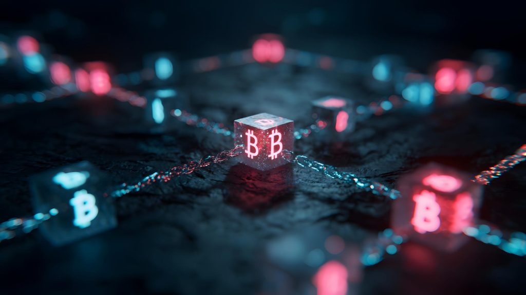 A digital illustration of blockchain technology showing glowing Bitcoin cubes connected by chains, symbolizing cryptocurrency transactions and decentralized networks.