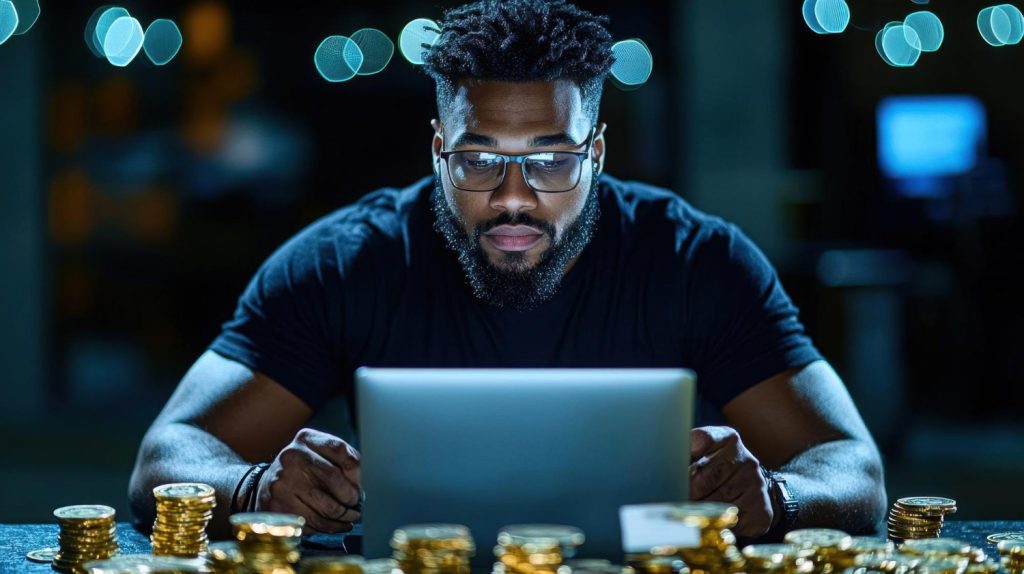 A focused man wearing glasses uses a laptop at night, surrounded by stacks of gold coins, with blurred blue lights in the background.