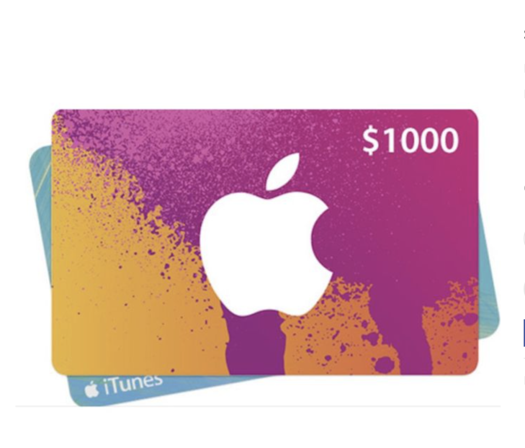 “Apple iTunes gift card valued at $1000 with a colorful pink, orange, and purple splash design.”