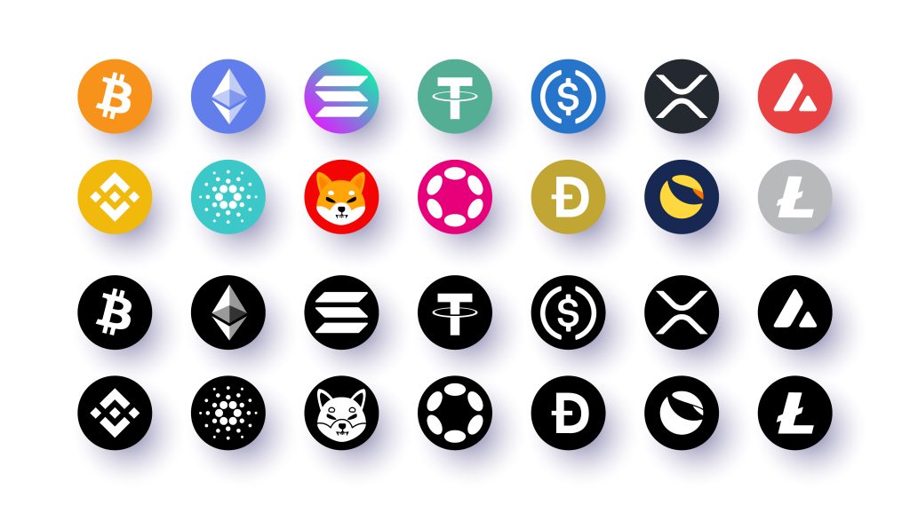 Collection of colorful and black cryptocurrency icons including Bitcoin, Ethereum, Solana, Tether, USD Coin, Ripple, Avalanche, Binance Coin, Cardano, Shiba Inu, Polkadot, Dogecoin, Terra, and Litecoin."