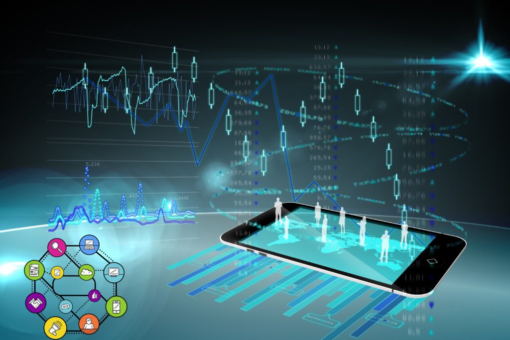 "Digital illustration of cryptocurrency trading with candlestick charts, blockchain network icons, and people standing on a smartphone screen."