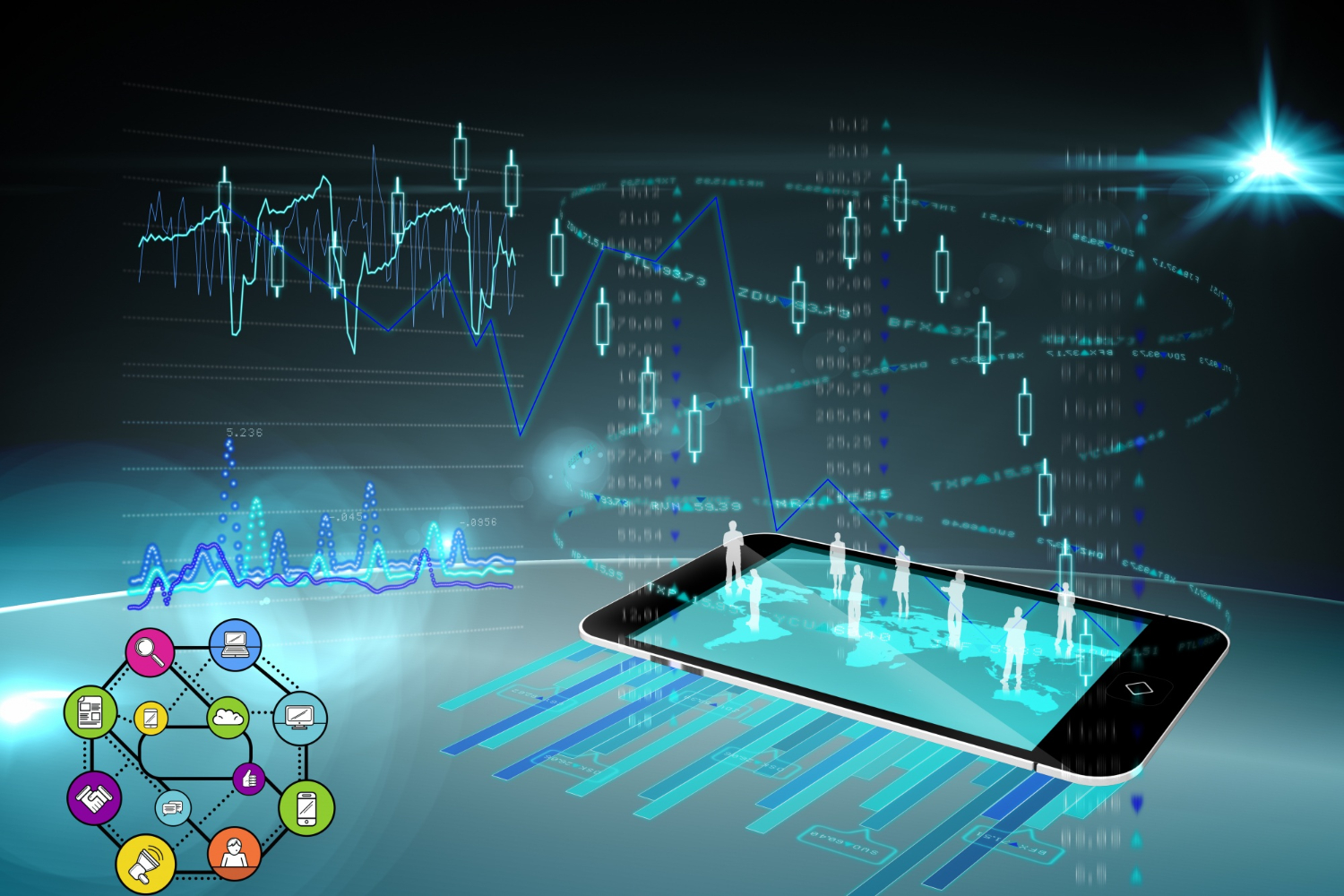 "Digital illustration of cryptocurrency trading with candlestick charts, blockchain network icons, and people standing on a smartphone screen."