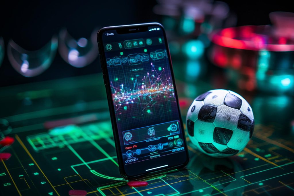 A smartphone displaying digital financial data beside a small football, symbolizing the connection between crypto technology and the world of football.