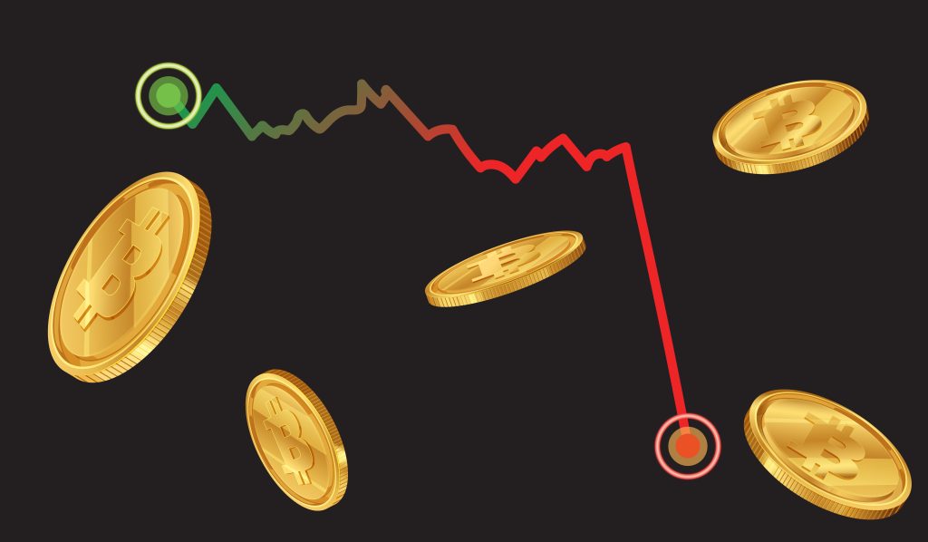 illustration showing Bitcoin coins and a red downward trend line representing a market crash or decline in cryptocurrency prices.