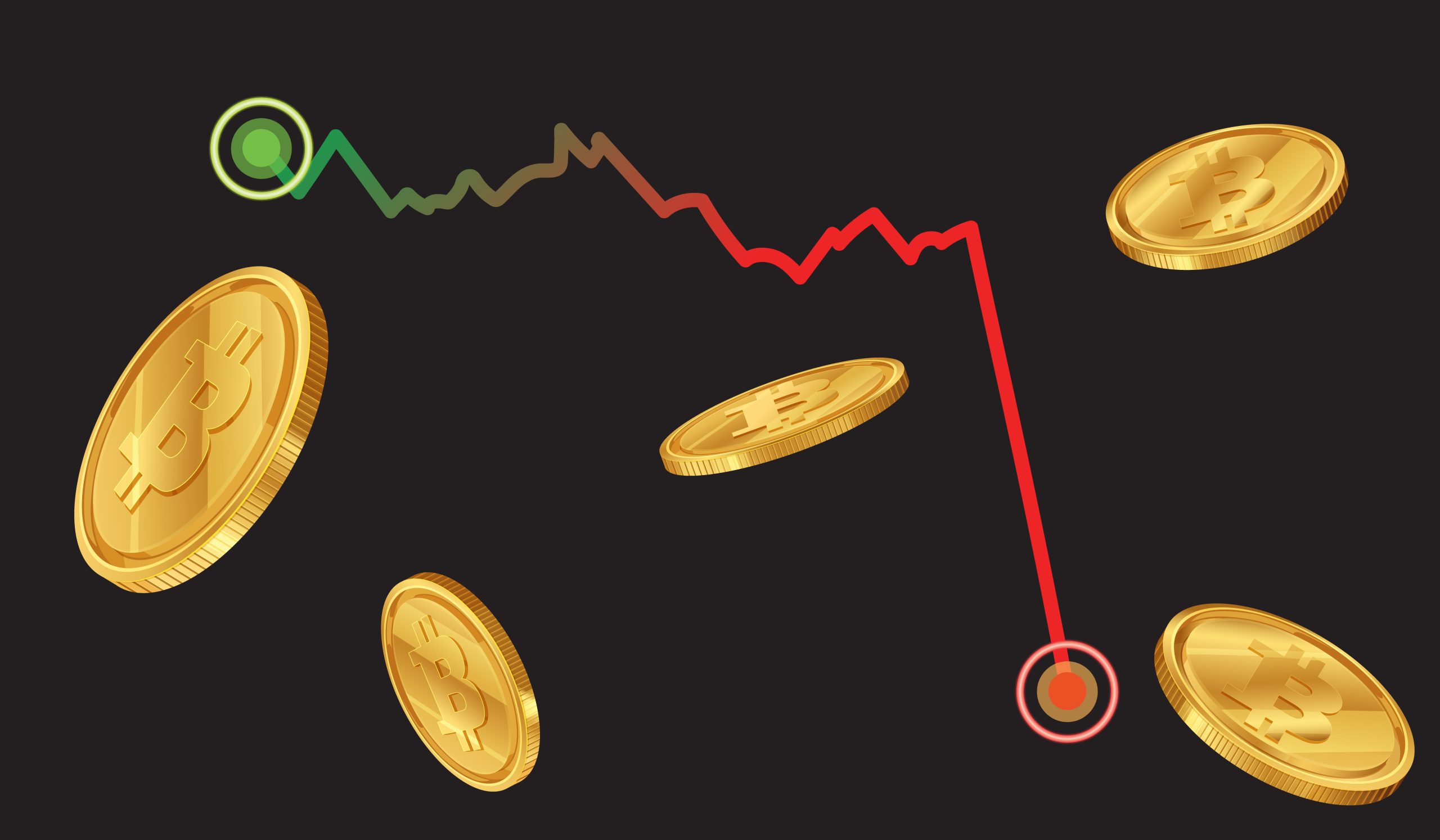 illustration showing Bitcoin coins and a red downward trend line representing a market crash or decline in cryptocurrency prices.