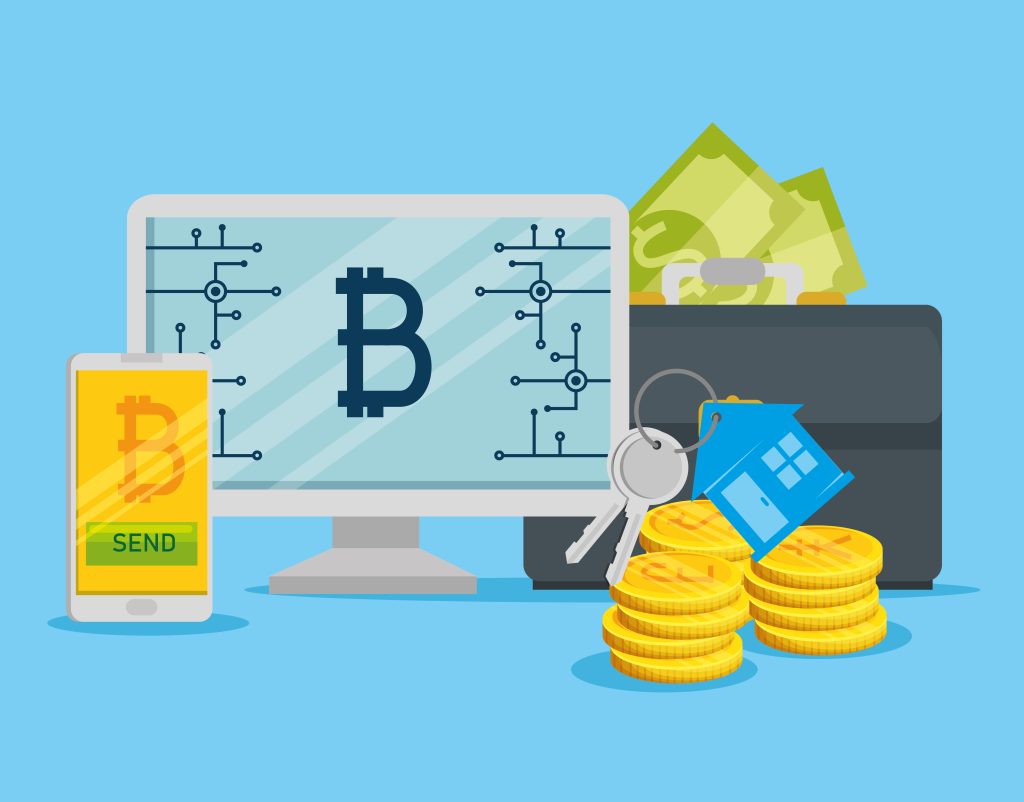 Illustration of Bitcoin transaction process showing computer, smartphone, digital coins, and money briefcase symbolizing cryptocurrency payments and blockchain finance.