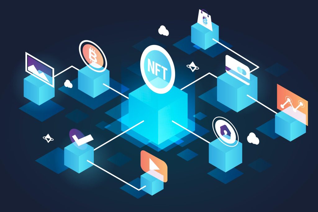 Illustration showing interconnected blockchain layers and NFTs representing decentralized applications and digital assets across various networks.