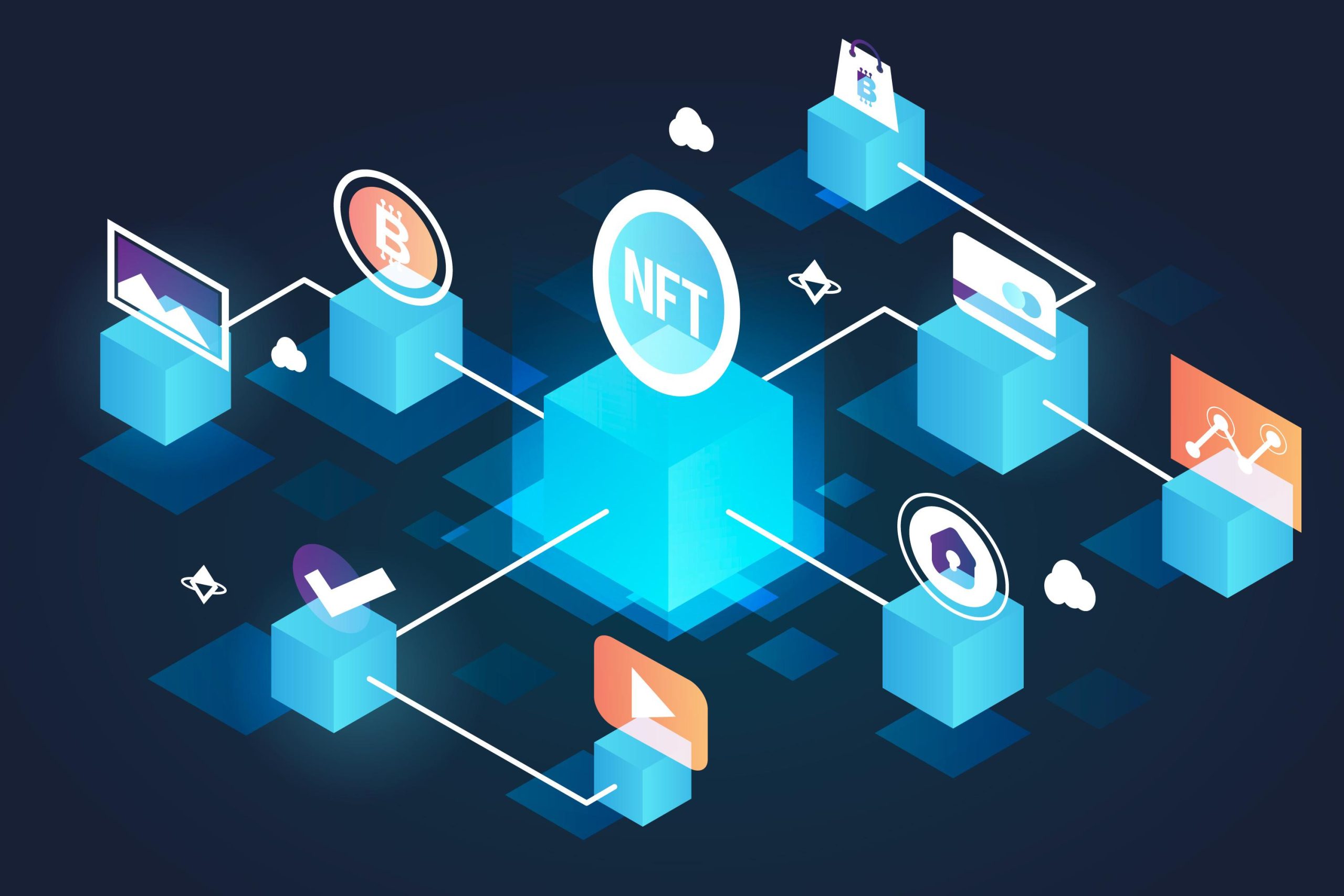 Illustration showing interconnected blockchain layers and NFTs representing decentralized applications and digital assets across various networks.