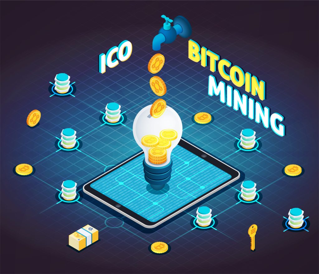 “A digital illustration showing cryptocurrency concepts including ICO, Bitcoin mining, blockchain nodes, and coins flowing into a glowing lightbulb above a tablet.”