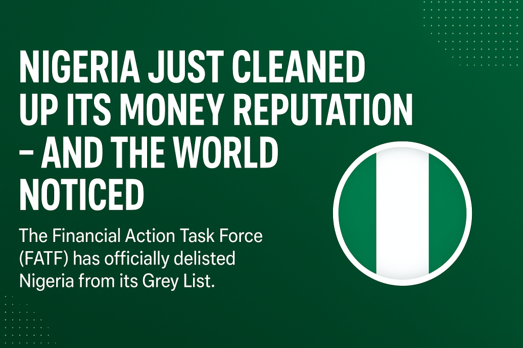 A write up of Nigeria coming off the grey list. in a green background