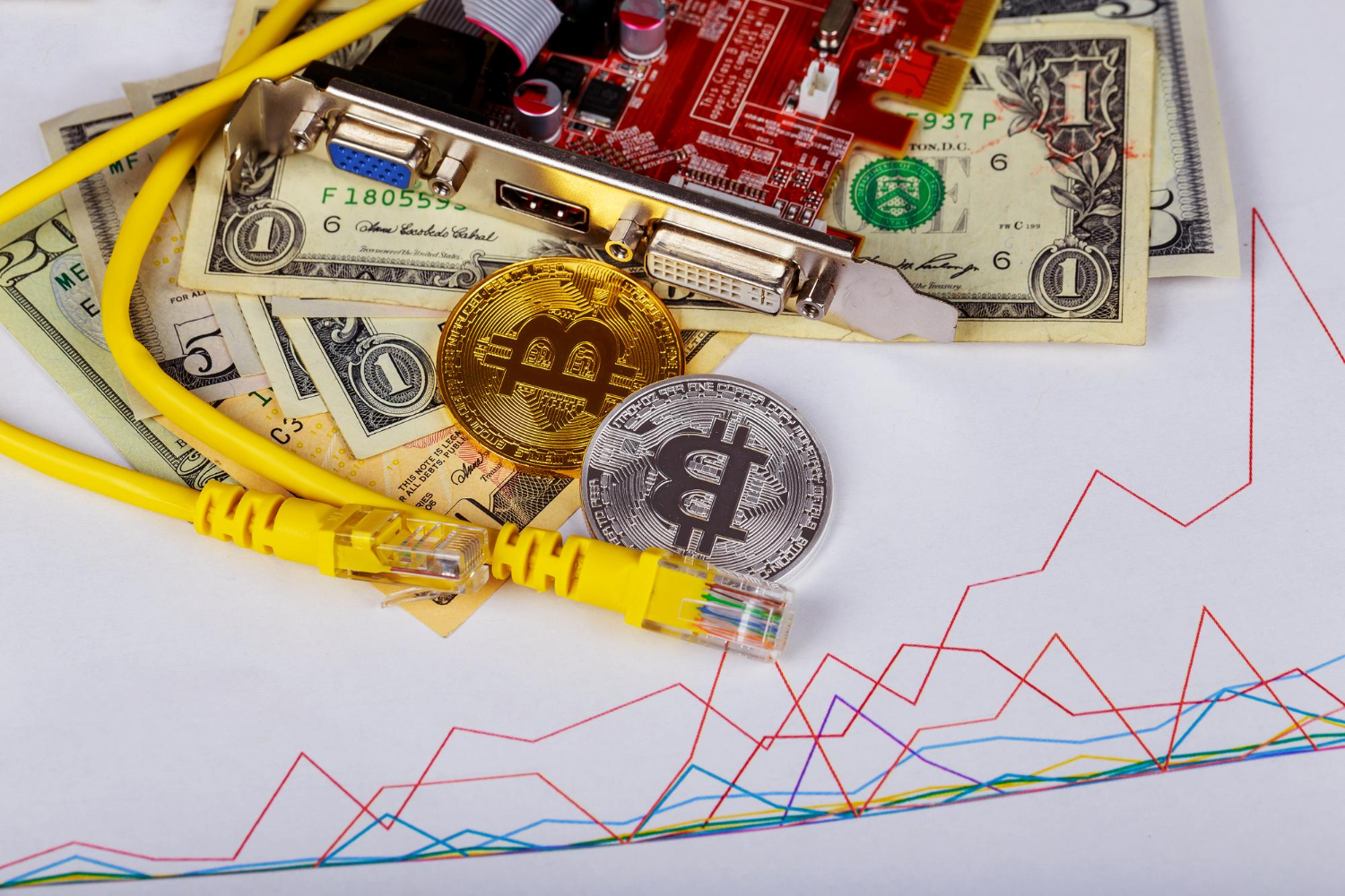 Physical Bitcoin coins placed on U.S. dollar bills beside computer hardware and yellow Ethernet cables, with a colorful crypto market chart in the background