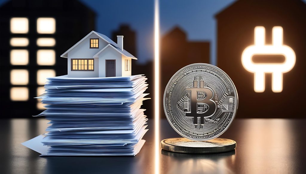 A comparison of investments showing a house on top of financial documents on one side and a Bitcoin coin on the other, representing real estate versus cryptocurrency.
