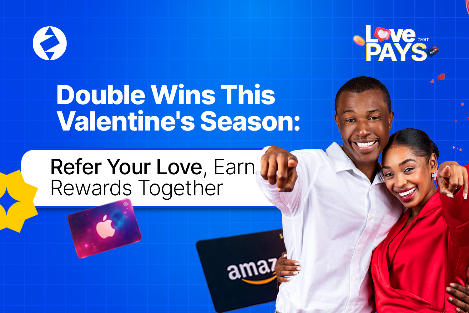 Image of a couple pointing at the viewer with text: Double WIns this Valentine's Season